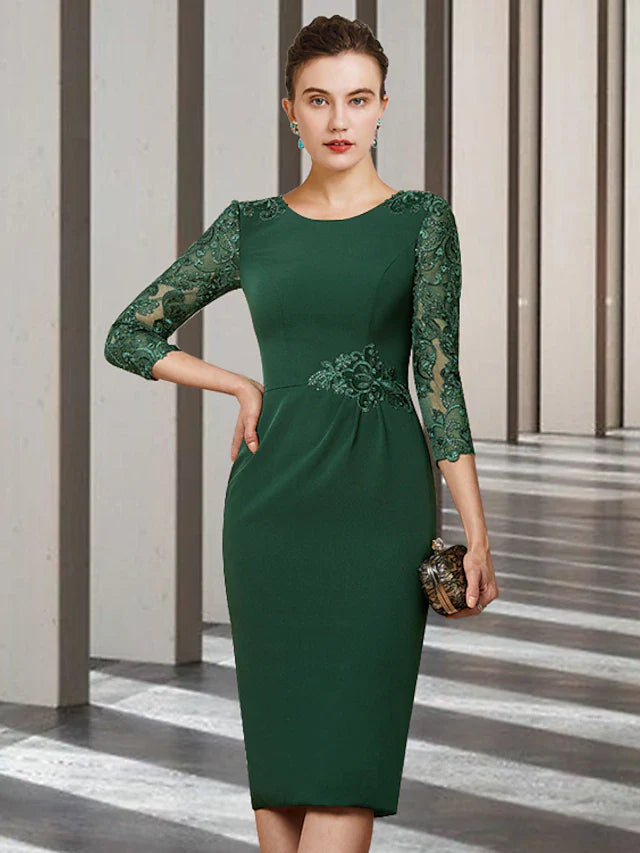 Wholesale Sheath / Column Mother of the Bride Dress Elegant Jewel Neck Short / Mini Chiffon Lace Long Sleeve with Sash / Ribbon Appliques